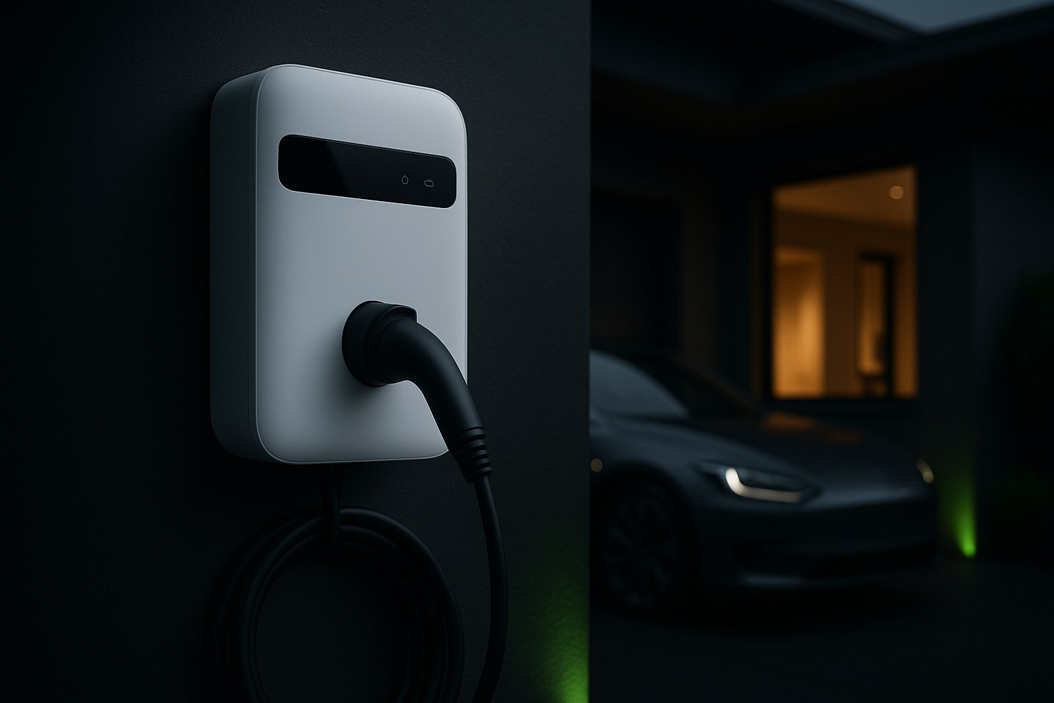 A Kaevor wall charger installed at an Australian home with an EV charging in the driveway