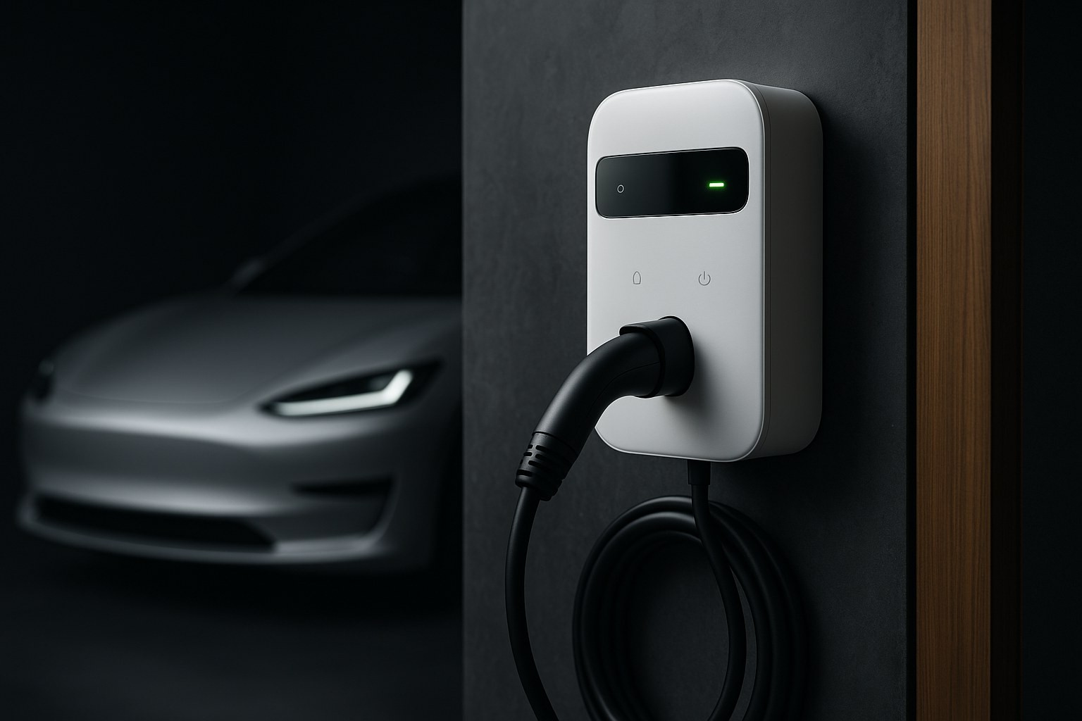 A Kaevor wall charger with a soft green status glow, wall-mounted in a premium home garage with an electric car parked alongside